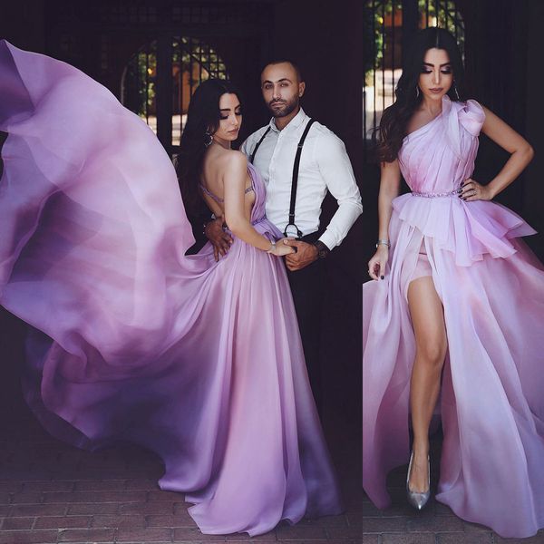 

modest a line prom dresses one shoulder side split ruffle evening dresses criss cross back peplum formal party gowns with crystal sash, Black;red