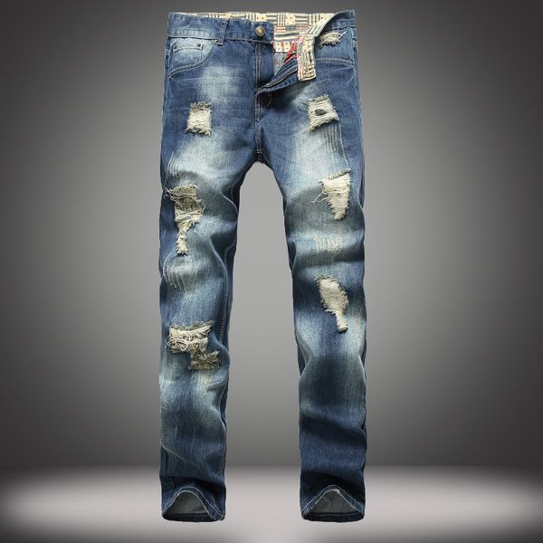 

knee holes skinny jeans men ripped urban hip hop stretch jeans blue torn denim pants male straight trousers mens