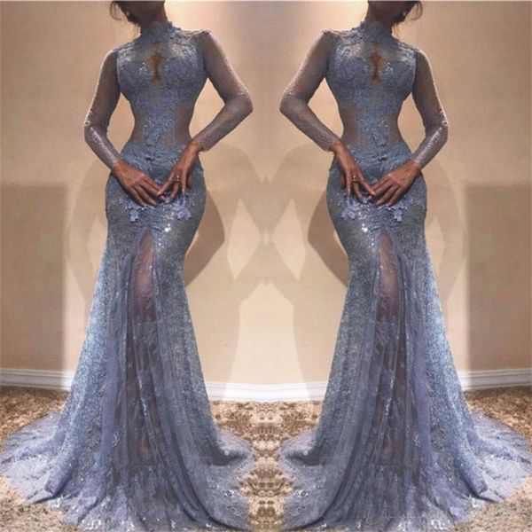 

Gorgeous Zuhair Murad Full Lace Evening Dresses 2018 High Neck Mermaid Illusion Long Sleeves See Through Prom Dresses Lavender Party Dress