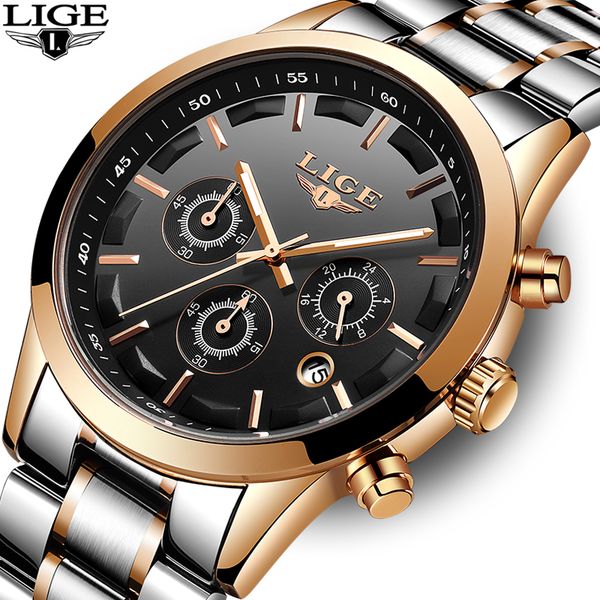 

lige business stainless steel quartz watch men date week month waterproof luminous mens watches relogio masculino, Slivery;brown