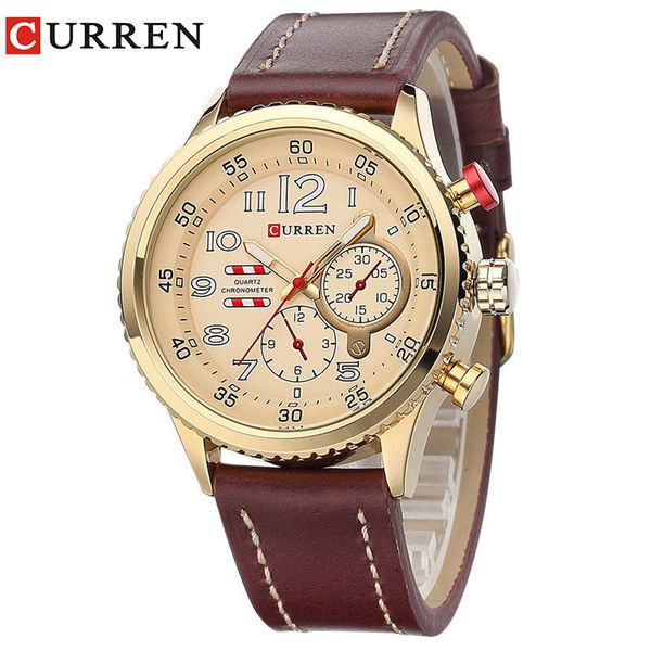 

curren2017 new genuine leather strap gold business watch quartz luxury sport watch men brand relogio masculino 8179, Slivery;brown