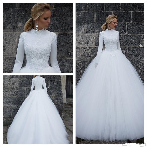

modest muslim lace wedding dresses 2019 new design custom sweep train high neck a-line long sleeve tulle bridal gowns vestidos de novia w602, White