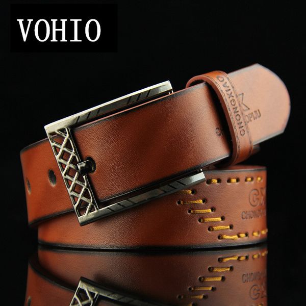 

vohio new arrival 2017 fashion leather belt men's pin pressure line with punk denim black casual korean jeans wide gold belt, Black;brown
