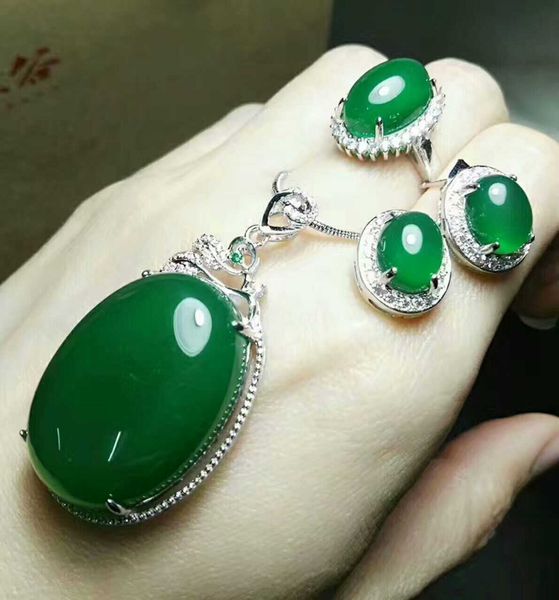 

natural chalk set 925 silver inlaid ring pendant earrings three-piece ring live female delivery mother, Black