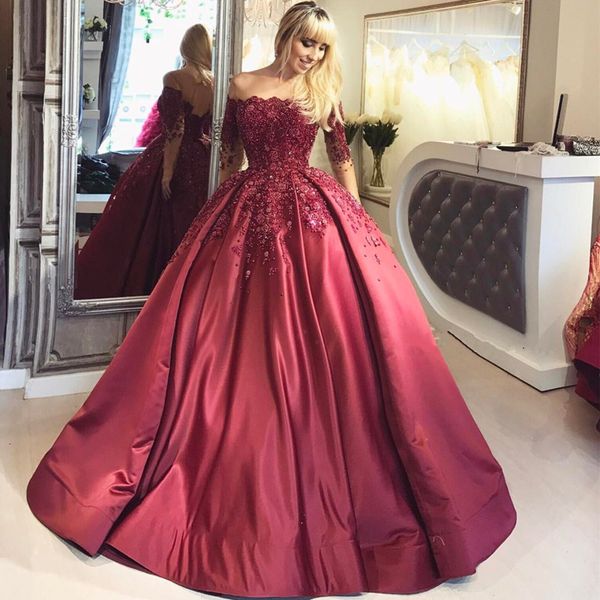 

2018 Burgundy Ball Gown Prom Dresses Long Sleeves Off-the-Shoulder Formal Party Gowns Beads Appliques Quinceanera Dresses Graduation Gowns