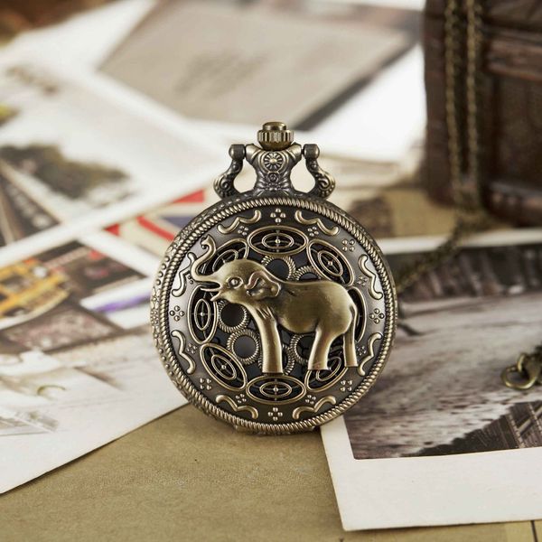 

cute elephant pocket watch antique carved bronze full hunter pocket watches necklace fob clock with necklace women men gifts, Slivery;golden