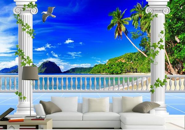 Foto Papel De Parede de Alta Qualidade 3D Estereoscópico Sonhador 3d céu azul, nuvens brancas, colinas verdes, praia, fundo TV parede Sala Wallp