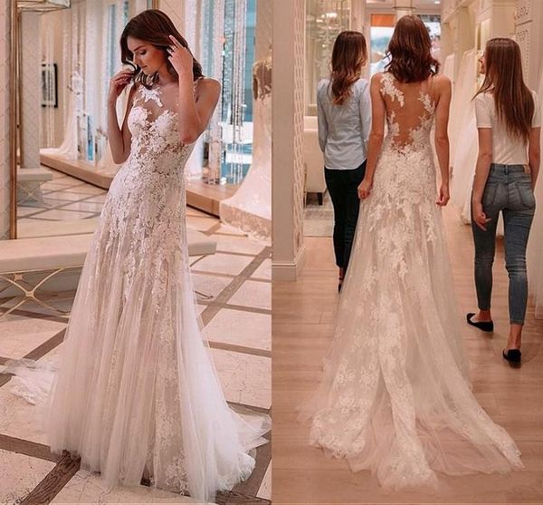 

2019 a-line wedding dresses sheer neck tulle backless sleeveless lace applique bridal gowns vestido de noiva, White