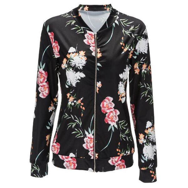 

Zippers Jacket Women Black O Neck Bomber Jacket Print Floral Black Coat Casual Zipper Basic Outerwear Coats Jackets Plus Size