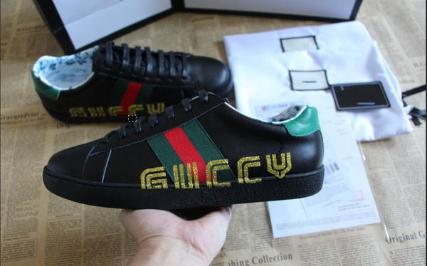 

New man women luxury brand designer shoes black leather green red stripe top quality casual ace distressed shoes with bee tiger size 12