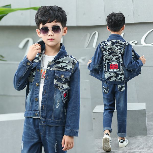 

children clothes spring autumn boys denim clothing sets kids jean jacket & pants 2pcs boys suit, White