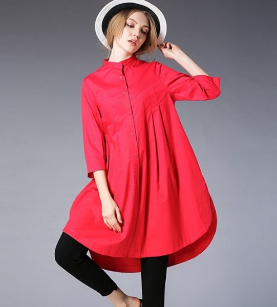 

women's plus size loose elegant stand collar long dress shirt 3/4 sleeves (yellow/orange/red, Black;gray