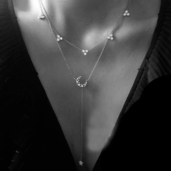 Women/'s Hot élégant Solide Argent Sterling 925 Perle Zircon Étoile Chaîne Collier