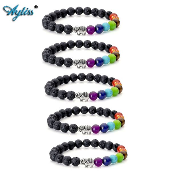 

ayliss wholesale 7 chakras natural stone yoga balancing reiki healing elephant lucky charm lava stone stretch bracelets, Black