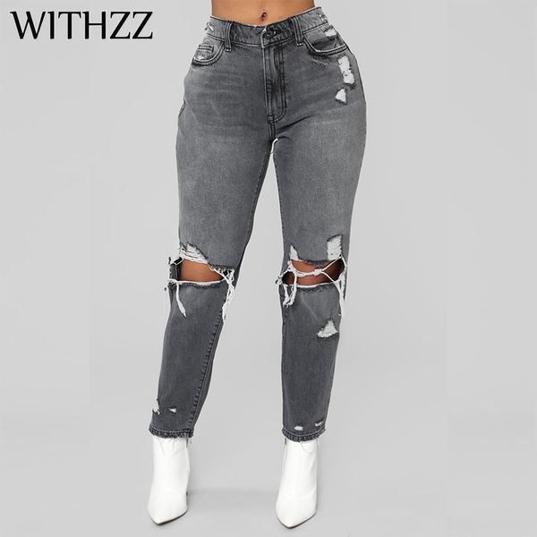 

withzz smoky gray fashion knee-skinned cotton jeans gloria jeans for women pants breeches overalls vintage female torn trousers, Blue