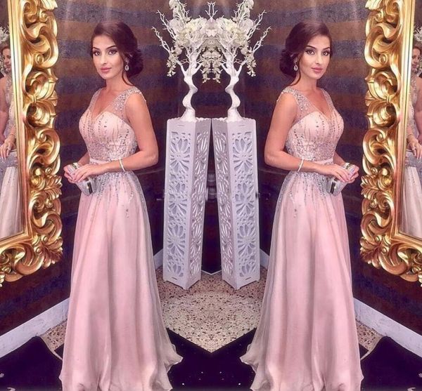 

Blush Pink Evening Dresses 2018 A Line Spaghetti V Neck Major Beading Long Chiffon Prom Party Gowns Long Girls Pageant Gowns Cheap