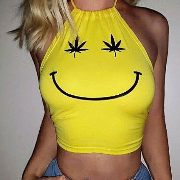 

summer fashion srtapless elastic crop women letter print cartoon smile bandage yellow tank streetwear clothes, White