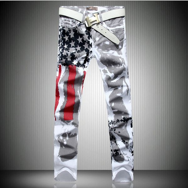 

nice brand new men white star printed jeans vogue style casual fashion slim fit american flag pants cotton plus size jeans men, Blue