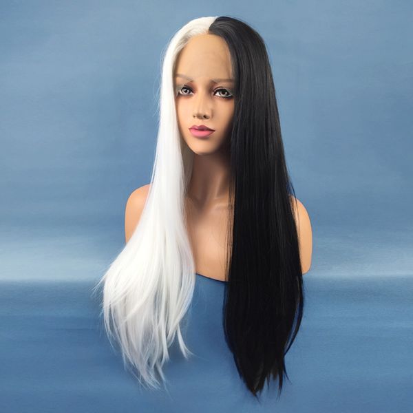 

2018 cosplay hair black ombre silver heat resistant fiber long straight synthetic lace front wig 32 inch women wig