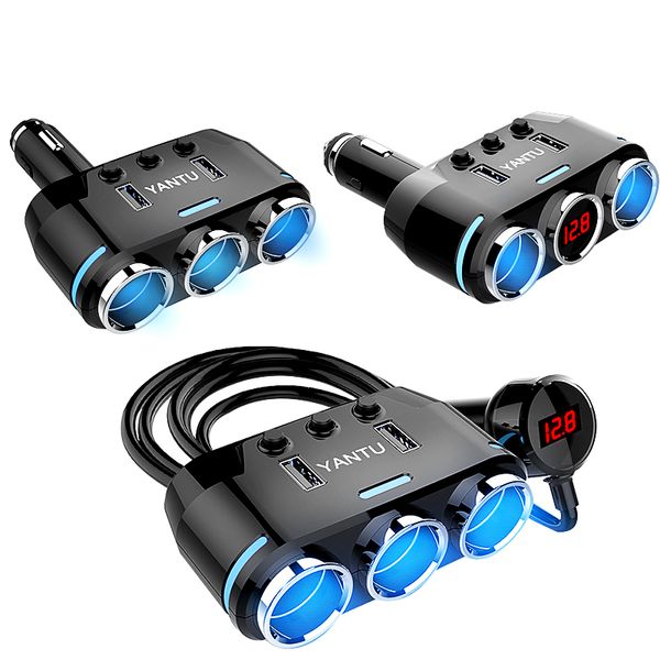 

12v-24v car cigarette lighter socket splitter plug led usb charger adapter 1a+2.1a 100w voltage detection for phone mp3 dvr pad