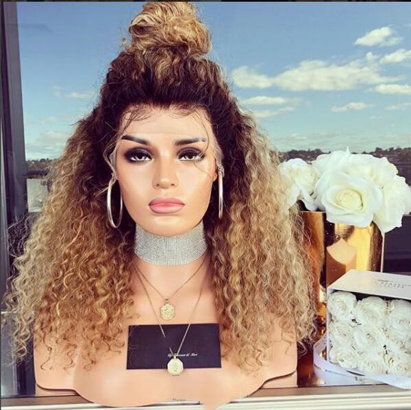 

100% human hair kinky curly lace front wigs ombre honey blonde glueless full lace wigs human hair for black women, Black;brown