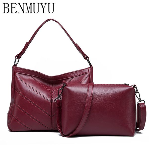 

2 women's leather bag/set solid color sewing thread handbag stylish stitching large capacity slung over one shoulder women's bag
