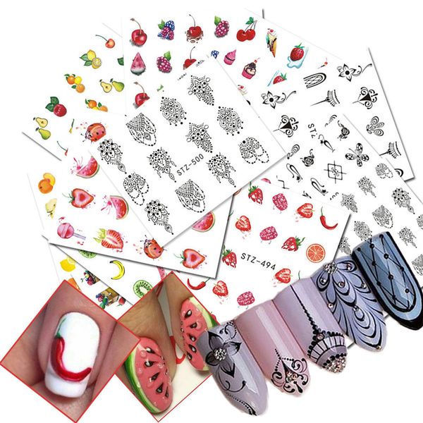 

12 sheets/set colorful fruits nail art transfer sticker flower geometric manicure wraps decor, Black