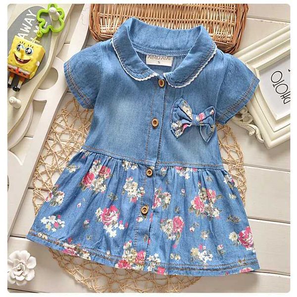 

summer leisure style children girls flower jean dress baby girls cute bow denim dress kid lapel fashion dress, Red;yellow
