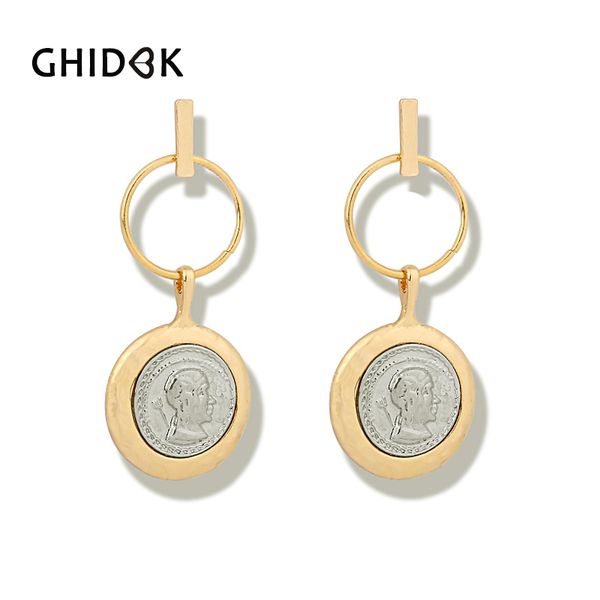 

ghidbk vintage drop portrait coin hoop earrings for women statement big disc earrings hoops minimalist metal wholesale, Golden;silver