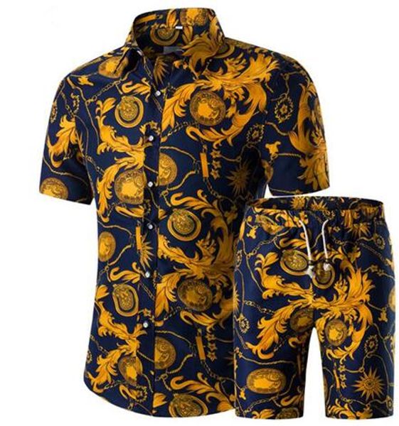 

men shirts+shorts set new summer casual printed hawaiian shirt homme short male printing sets plus size, Gray
