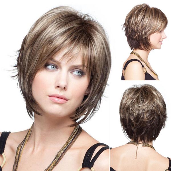 

factory direct capless new stylish short straight mix colored hair lady's synthetic full wigs fashion party wig, Black