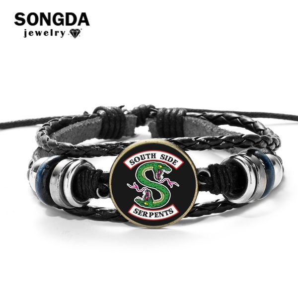 

songda riverdale mens leather bracelet personality pattern print glass dome charms bracelet punk wrap wristband fans collection, Golden;silver