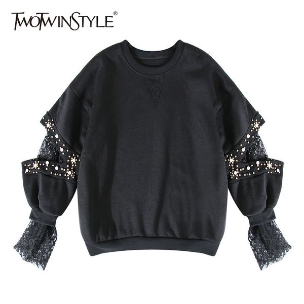 

twotwinstyle lace beading hoody for women o neck split flare sleeve patchwork pullover female spring fashion harajuku clothing, Black