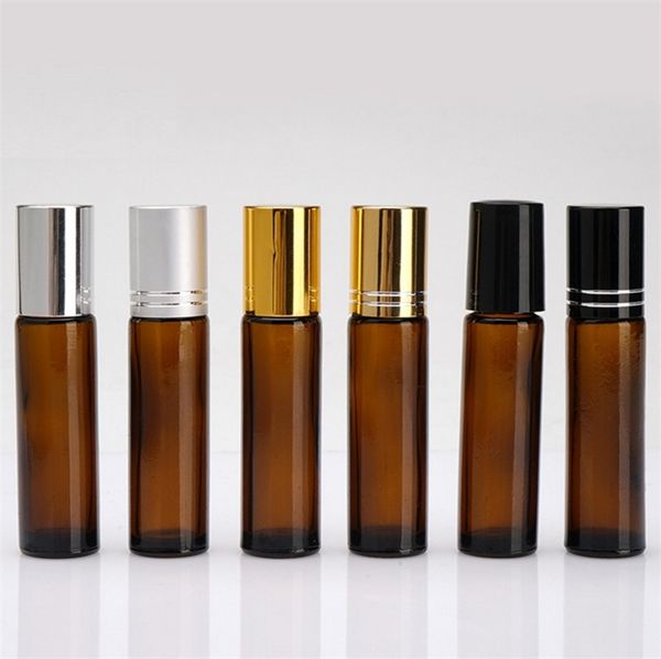 

brown 10ml roll on glass essential oil bottle perfume stainless steel roller ball fragrance bottle 572pcs f0029