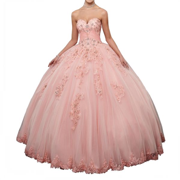 2019 Son Pembe Quinceanera Elbise Sevgiliye Dantel Kristaller Boncuk Tül 16 Yıl Kız Parti Vestidos Balo Korse Geri