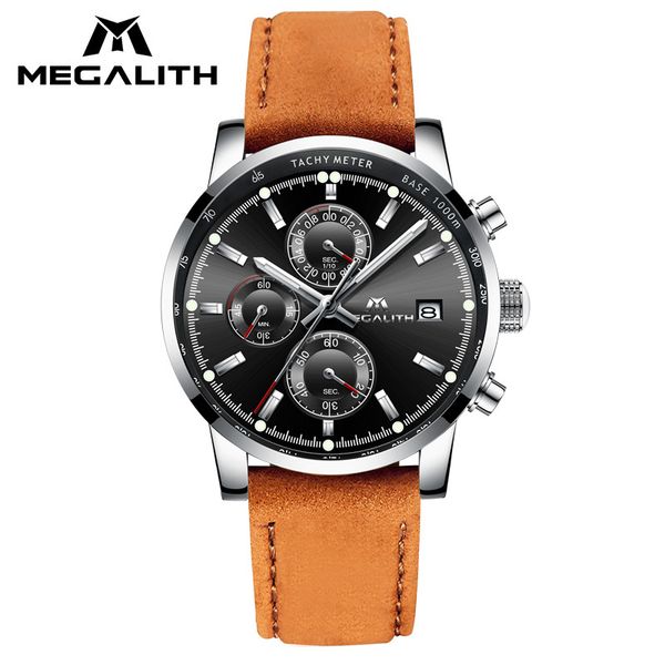 

sport men watches megalith business casual leather quartz watch men waterproof chronograph date wrist watch gents clock, Slivery;brown
