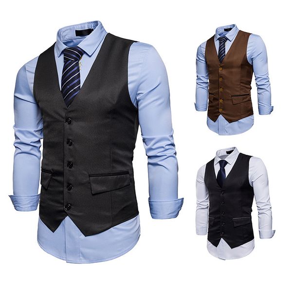 

new fashion men's color matching gentleman dress casual solid color men's business formal suit vest, Black;white
