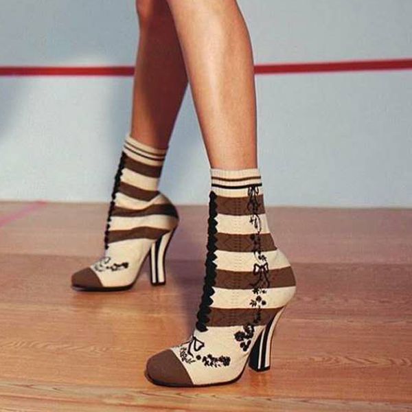 

embroider knit sock boots women mid-calf round toe striped booties strange heel shoes women shoes, Black
