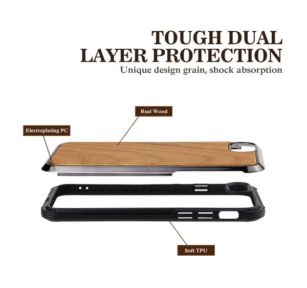 

2018 for iphone 8 plus case shockproof soft edge protective wooden case hybrid pc+tpu+wood defender case