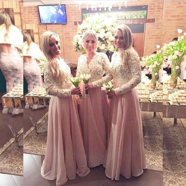 

vintage long sleeves lace chiffon bridesmaid dresses v neck appliques custom made arabic muslim wedding party gowns for bridesmaids bo7999, White;pink