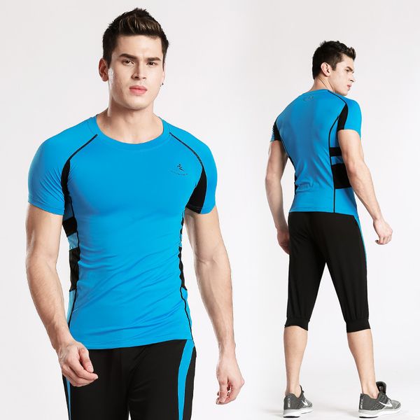 

souteam 2018 men compression set running tights fitness training tracksuit long sleeves shirts sport suit rashgard workout kit, Black;blue