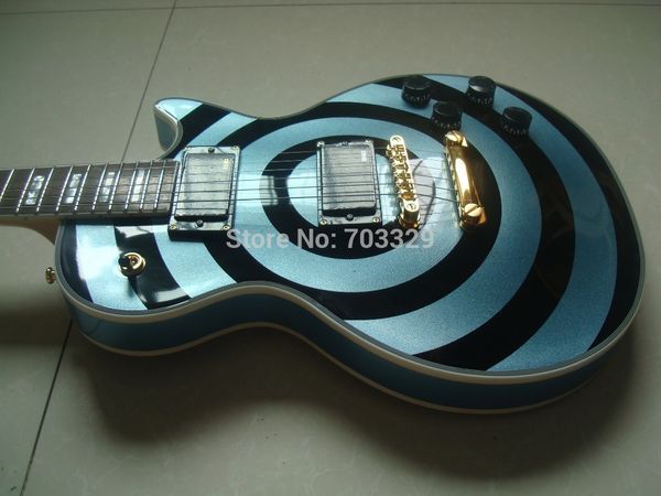 

Cu tom hop tolen zakk wylde bull eye metallic phelam blue black electric guitar white block pearl inlay copy emg pa ive pickup