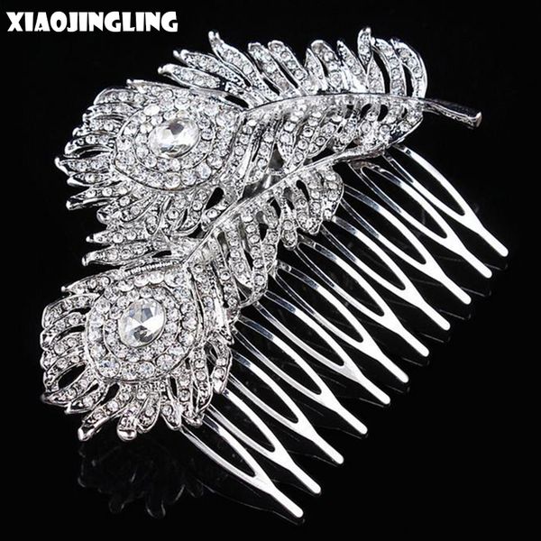 2019 Xiaojingling Peacock Feather Headwear Hair Comb Women Crystal