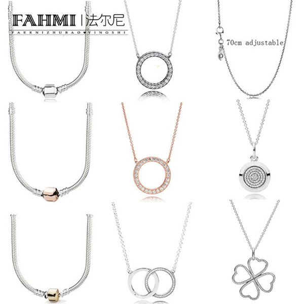 

fahmi 100% plata de ley 925 moda collar bÃ¡sico rosa oro zirconio encanto clavÃ­cula cadena forma de corazÃ³n collar de trÃ©bol redondo, Silver