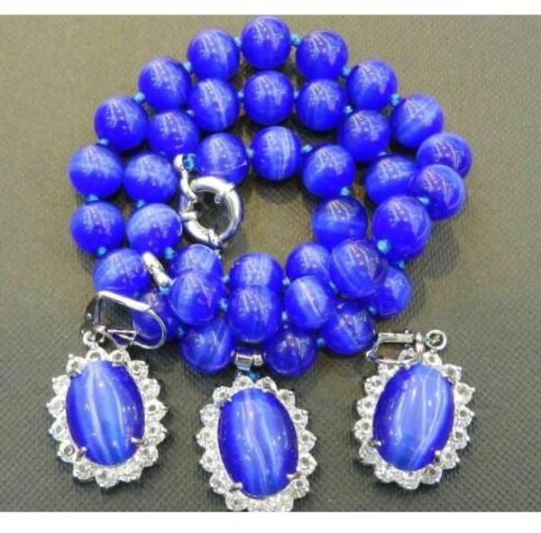 Azul safira mexicanos Opal Rodada Beads Gems Pendant Colar Brinco Set 18