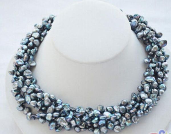 

6row 17" 6-7mm black baroque lamina keshi reborn pearl necklace, Silver