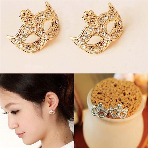 

fashion mask ear stud zinc alloy crystal mask earrings brinco earings korean lady cute crystal fox masquerade flower earring, Golden;silver