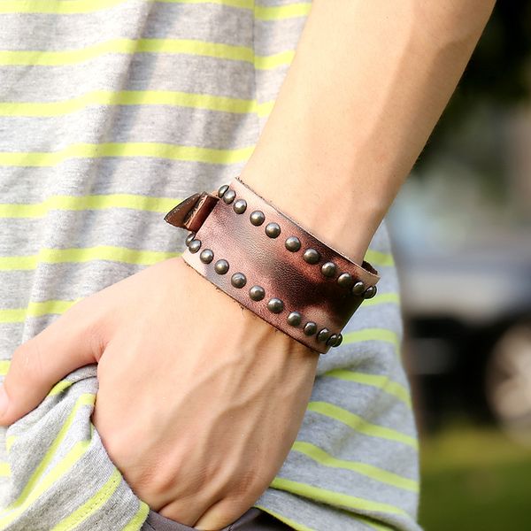

whole salepunk rivet biker bracelet men jewelry brown leather alloy belt buckle adjustable wide wristband male bracelets korean jewelry, White