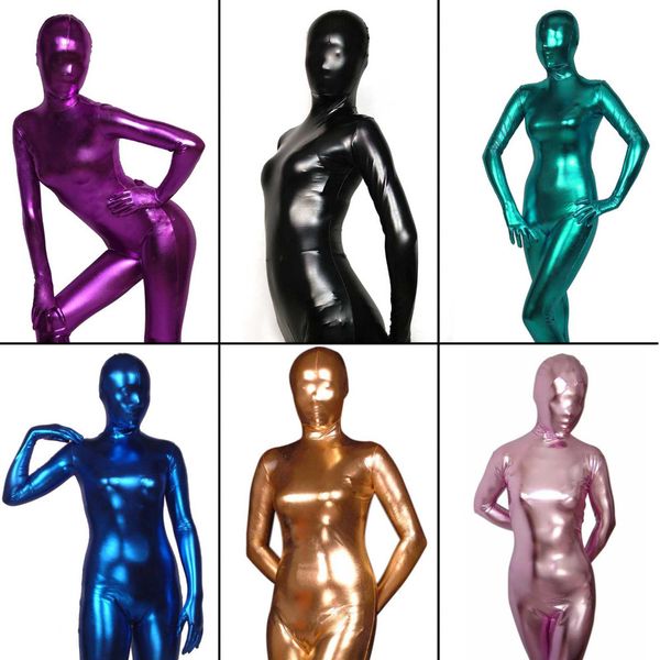 

women's shiny liquid metallic wet look bodysuit skin tight spandex full body zentai suit unitard costume for unisex, Black