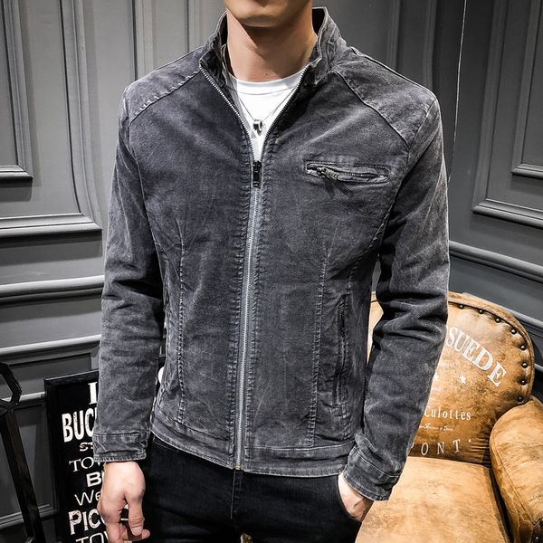 

autumn winter menswear denim jacket men stand collar coat cotton zipper cardigan trend selling locomotive fashion jacket, Black;brown